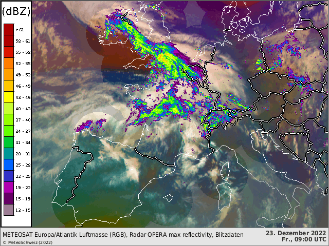 Animation Radar- und Satellitenbilder zwischen 10 und 13 Uhr. Abgesehen von der Alpensüdseite fiel häufig und teils ergiebiger Niederschlag. 