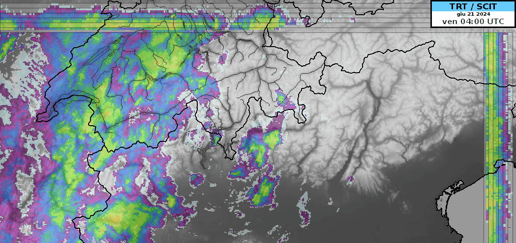 Animation der Radarreflektivität und der vom sogenannten TRT-System ("Thunderstorm Radar Tracking") erkannten Gewitterzellen am 21.06.2024.