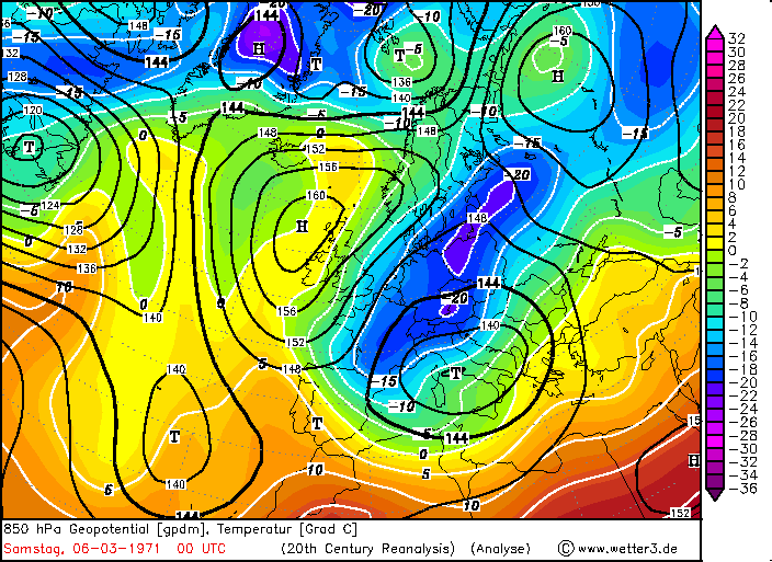 Geopotential [gpdm, schwarze Isolinien] und Temperatur  auf 850 hPa [°C, farbige Flächen und weisse Isolienien] am 6. März 1971 um 00 UTC gemäss einer Reanalyse des amerikanischen Modelles GFS.  Zwischen einem Hoch westlich der Britischen Inseln und einem Tief über dem Tyrrhenischen Meer herrschte im Alpenraum eine Nordostströmung vor, welche sehr kalte Luft aus Russland heranführte.
