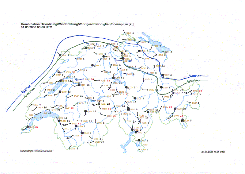 Animation der Windsituation und Position der Schneefallgrenze (eingezeichnet) vom 04.03.2006, 6 UTC bis 05.03.2023, 0 UTC (links).