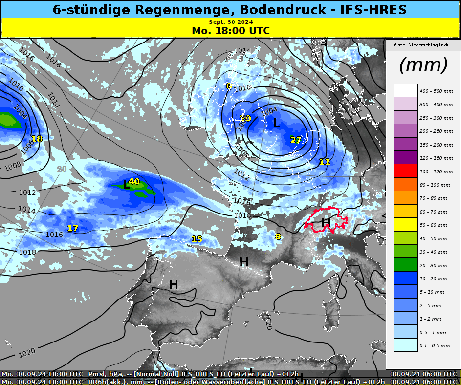 Wetterentwicklung zwischen Montagabend 30.9.24 und Mittwochabend 2.10.24 gemäss dem europ. Wettermodell IFS-HRES. Dargestellt sind die Bodendruckverhältnisse (schwarze Isobaren) sowie die 6-stündigen Niederschlagsmengen. Der Tropische Sturm liegt über dem Atlantik südwestlich/westlich von Irland.