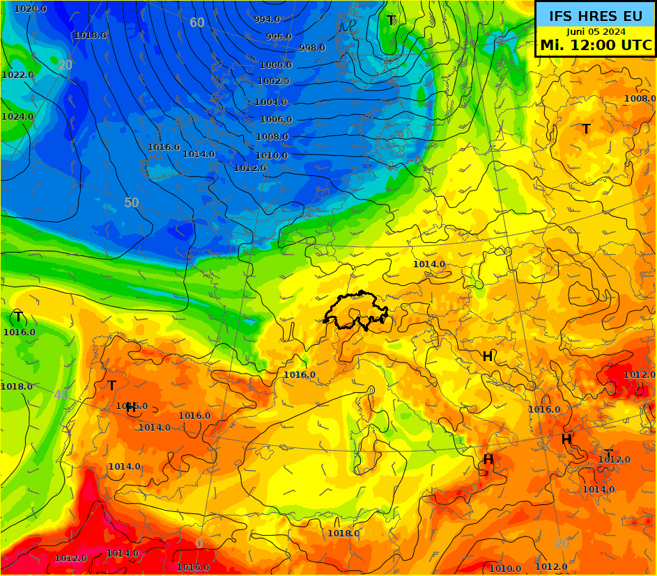 Animation der äquivalentpotentiellen Temperatur in ca. 1500 Meter Höhe von Mittwoch, 05.06.2024 bis Montag, 10.06.2024. Sie ist ein Mass für den Energiegehalt einer Luftmasse. Gelb-rote Farbtöne bedeuten feucht-warme, grün-blaue Farbtöne trocken-kalte Luftmassen. Quelle: MeteoSchweiz