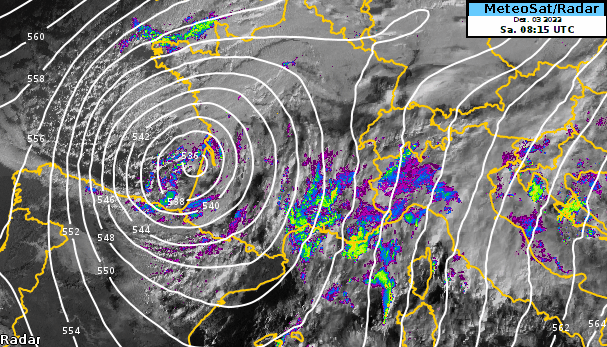 Animation des Satellitenbildes (sichtbarer Kanal) von Meteosat und der Niederschlagsradar zusammen mit dem 500 hPa Geopotential aus dem IFS Modells (ECMWF) am 02.12.2022, von 8 bis 14 UTC.