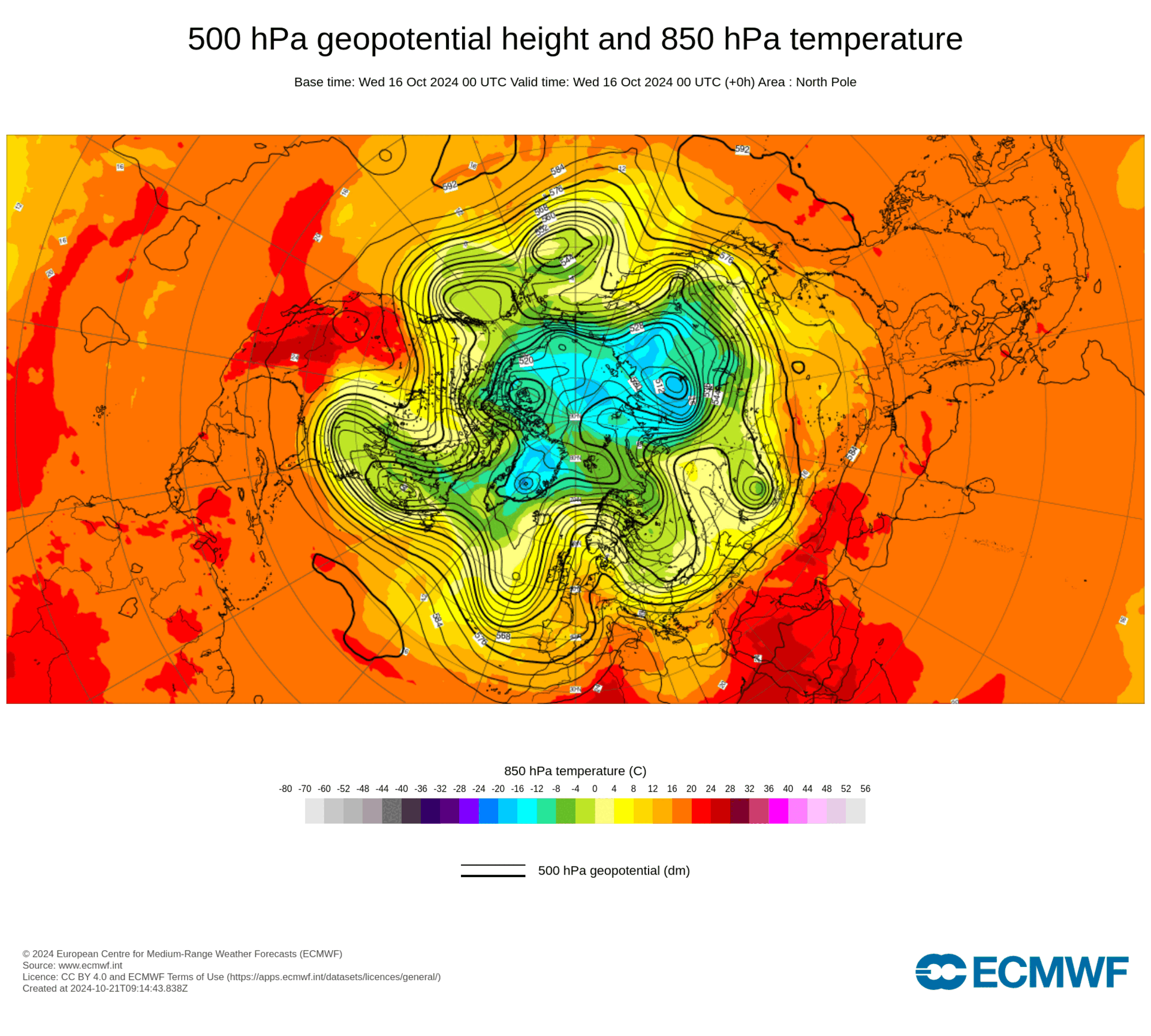 Animation der Strömung und Temperatur in der mittleren Troposphäre in ca. 5.5 Kilometer Höhe. Auf der polarstereographischen Projektion der Nordhalbkugel sind die Rossby-Wellen in den Mittleren Breiten gut zu sehen. Dargestellt ist der Zeitraum vom 16.10. bis 26.10.2024. In der Bildmitte befindet sich der Nordpol, die Schweiz liegt am unteren Bildrand in der Mitte. Quelle: ECMWF
