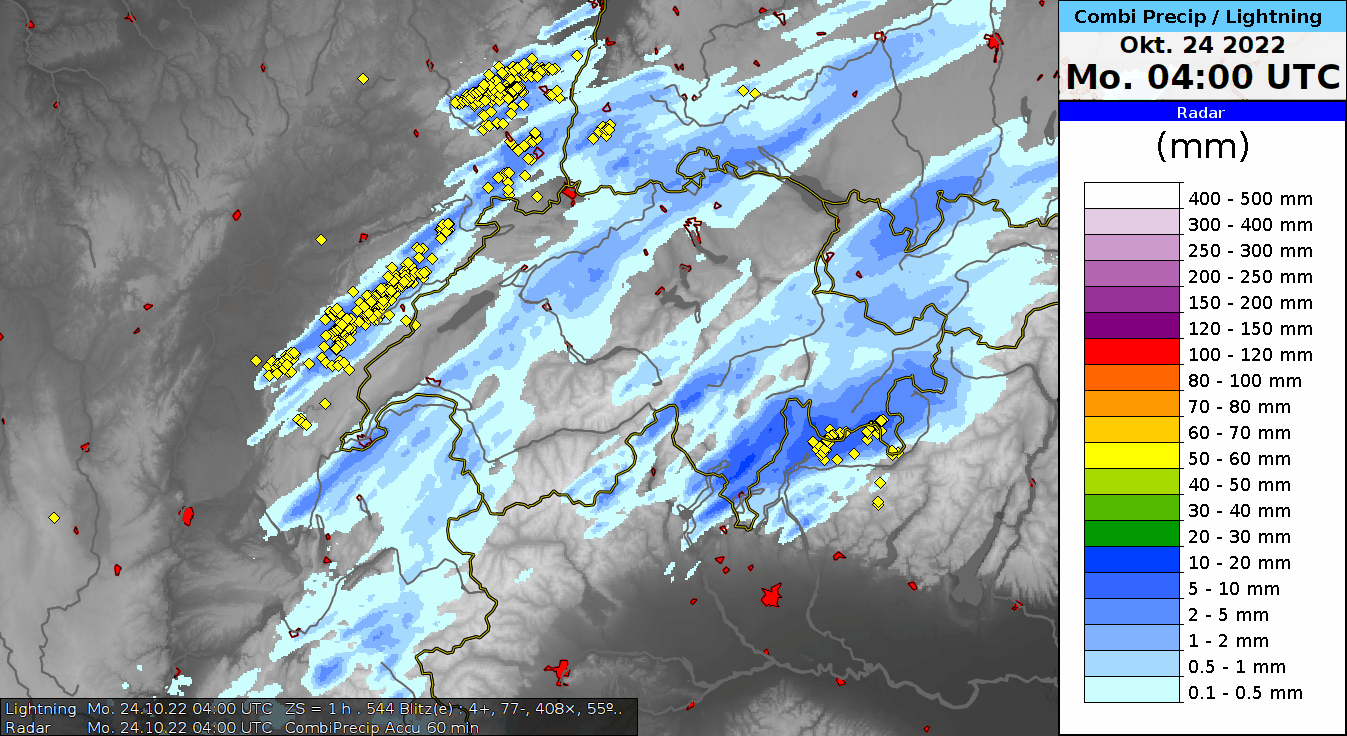 Animation der Blitze (gelbe Symbole) wischen 04 und 12 UTC, jeweils über eine Stunde zusammengefasst. Quelle: Météorage, MeteoSchweiz