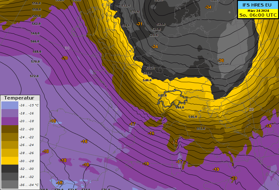 Animation des Geopotentials auf 500 hPa (rund 5440 Metern) und der Höhenkaltluft (in Farbe) zwischen Sonntag 06 UTC und Montag 00 UTC. Tagsüber zieht besonders auf der Alpennordseite nochmals ein Schub Höhenkaltluft durch (sichtbar anhand der dunkelgrauen Farben). 