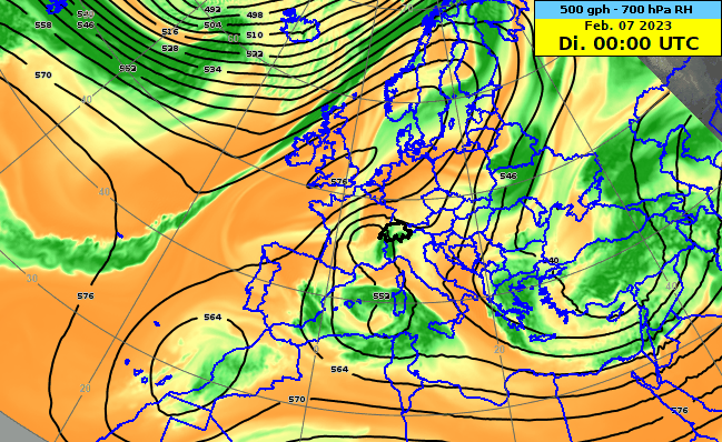 Die Animation des 500 hPa Geopotentials und der relativen Luftfeuchtigkeit auf 700 hPa des IF-Modells von 07.02.2023, 12Z bis 14.02.2023, 00Z zeigt den Ablauf der blockierenden Hochdrucklage.
