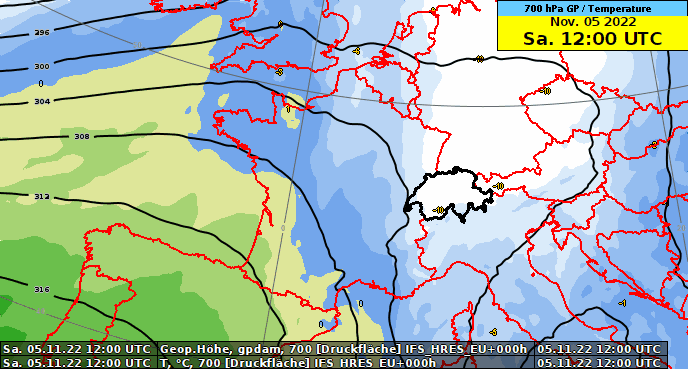 Animation der 700 hPa Geopotentialfläche (schwarze Linien) und der Temperatur (farbige Flächen) des IFS Modells (ECMWF) vom 5.11.2022, 12Z bis 07.11.2022, 00Z.