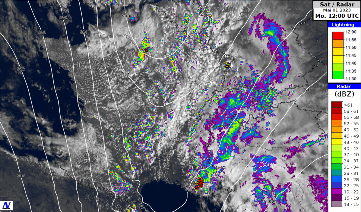 Radar- und Satellitenbild kombiniert mit Geopotoential und Blitzmessungen. Die Animation stellt die verschiedenen Zonen des Troges heute um 12 Uhr dar.