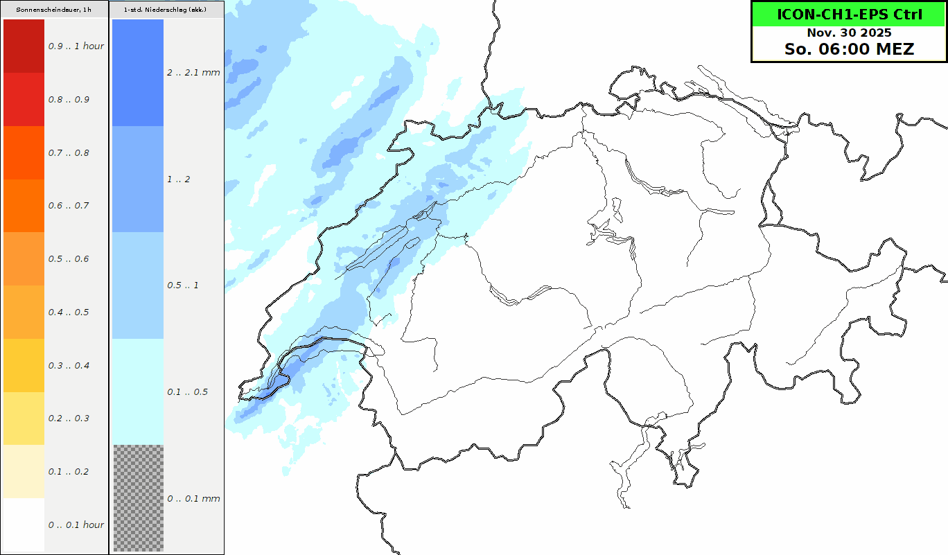 Animation der stündlichen Niederschlagssumme und Sonnenscheindauer vom ICON-CH1-EPS Kontrolllauf vom So 29.11. 6 Uhr bis 24 Uhr.