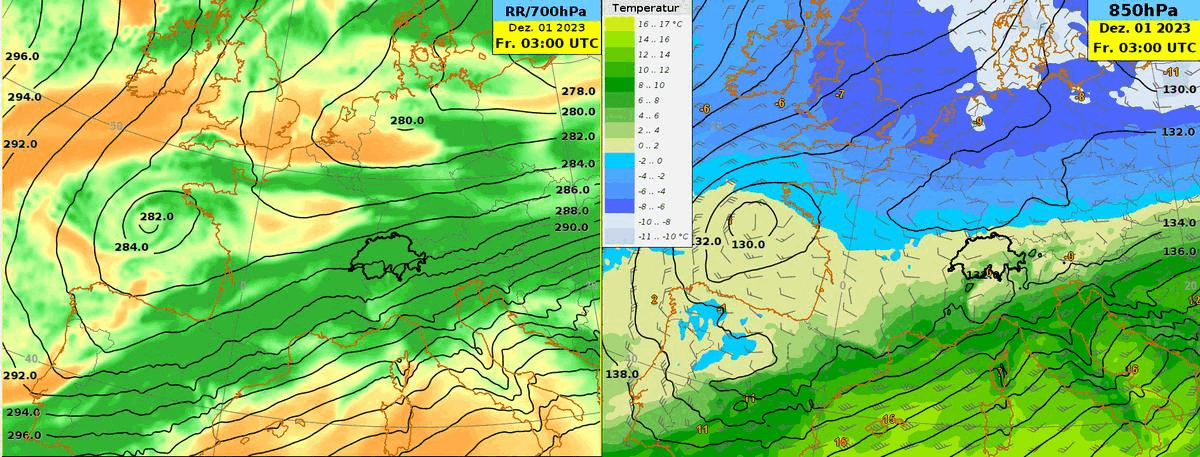 Animation aus dem IFS Modell von Freitag, 01.12.2023 3 UTC bis Samstag, 02.12.2023 12 UTC. Links 700 hPa Geopotential mit relativer Feuchtigkeit, rechts 850 hPa Geopotential mit Temperatur und Wind.