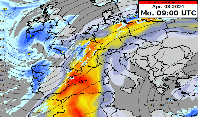 Animation des 3h-Niederschlagssumme des IFS-Modells und der optische Dichte des Staubaerosols bei 550 nm vom 08.04.2024 9 UTC bis am 10.04.2024 9 UTC. Die optische Aerosoldichte (AOD) ist ein Maß für die Gesamtmenge an Aerosol in einer vertikalen Säule der Atmosphäre.