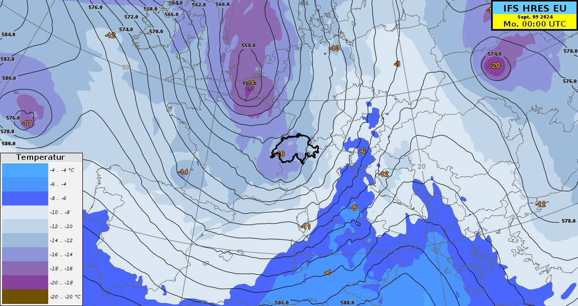 Animation des IFS-Modells (Geopotential und Temperatur auf 500 hPa) vom 09.09.2024 00 UTC bis am 15.09.2024 00 UTC. Am Mittwoch erreicht uns eine Kaltfront, danach liegen wir bis Samstag unter Höhenkaltluft.