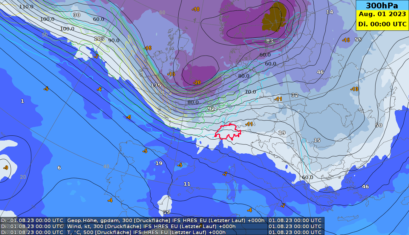 Animation der Temperatur auf 500 hPa, sowie des Geopotentials und der Windgeschwindigkeit auf 300 hPa.