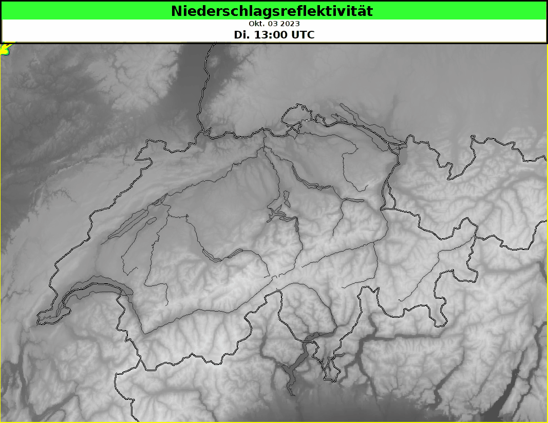 Simulierte Niederschlagsreflektivität nach dem COSMO-1E Modell am Dienstag, 03.10.2023 von 15:00 Uhr bis 24:00 Uhr. Quelle: MeteoSchweiz