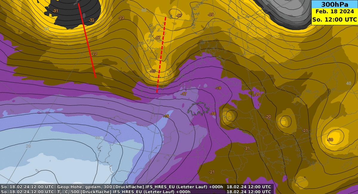 Animation der Temperatur auf 500 hPa und des Geopotentials auf 300 hPa. Die beiden roten Linien zeigen die Position zweier Tröge welche über die Schweiz ziehen.