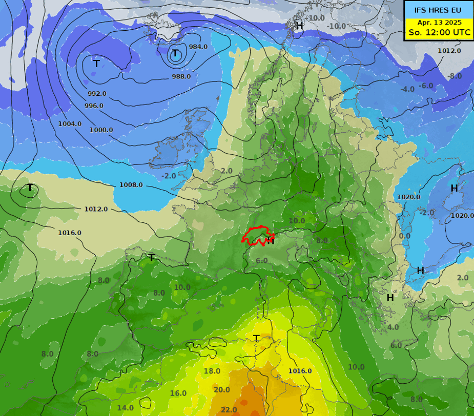 Temperatur in ca. 1500 m Höhe und Bodendruck von Sonntag, 13.04.2025 bis Donnerstag, 17.04.2025. Quelle: IFS-Modell, ECMWF, MeteoSchweiz