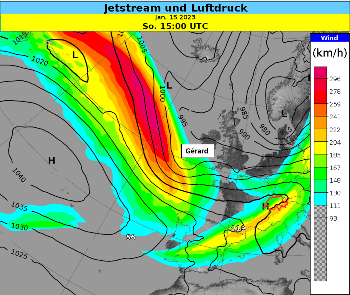 Modellkarte mit Wind auf 9 km und Druckverteilung.