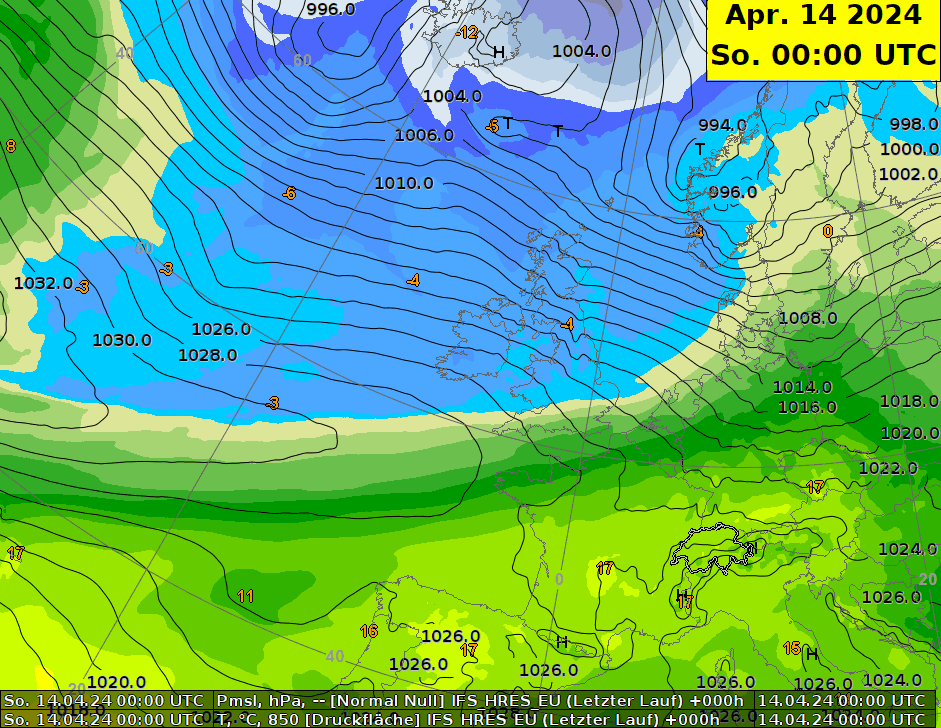 Animation der Lufttemperatur auf 850 hPa - ca. 1500 m ü.M. (farbig), sowie des Luftdrucks am Boden (schwarze Konturen) zwischen Sonntag 14.04 und nächsten Mittwoch, 17.04.2024 gemäss dem Globalmodell IFS-HRES. 