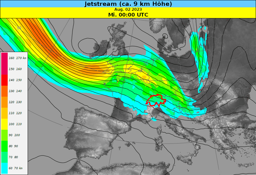 Lage des Jetstreams von Mittwoch, 2. August 02:00 Uhr bis Sonntag, 6. August 14:00 Uhr. Vor allem am Freitag und Samstag greift er weit nach Süden aus.