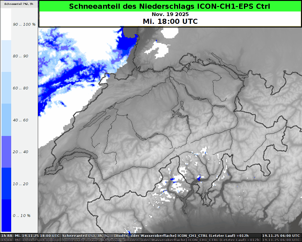 Schneeanteil der Niederschläge in Prozent in 3-Stunden-Intervallen vom ICON-CH1-EPS Kontrolllauf von Mi 19.11.2025 18 UTC bis Do 20.11.2025 18 UTC.