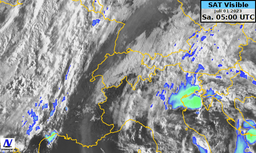 Animation des Satellitenbildes am 01.07.2023 von 5 bis 11 UTC (sichtbarer Kanal mit Überlagerung der eingefärbten kältesten Wolkentops).