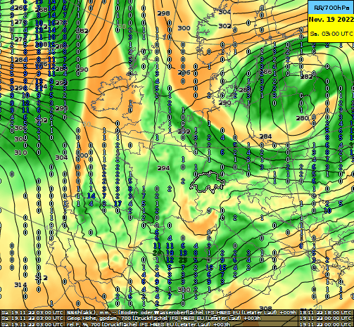 Modellierte Relative Feuchtigkeit (farbig) auf 700 hPa überlagert mit Niederschlag (Zahlen) und Geopotential auf 700 hPa vom Sa 19. 11 bis Do 24.11, Modell: ECMWF. 