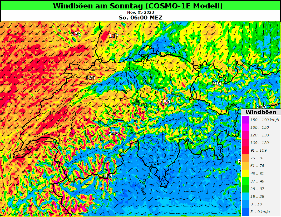 Prognose der stündlichen Böenspitzen nach dem COSMO-1E Modell für den Sonntag, 05.11.2023 zwischen 06:00 Uhr und 16:00 Uhr. Quelle: MeteoSchweiz