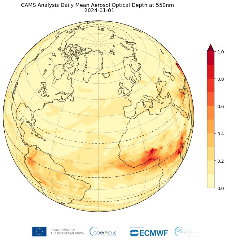 Animation der täglichen mittleren Aerosol Optischen Dicke (AOD) bei 550 nm zwischen dem 1. Januar und dem 12. Februar 2024. Die AOD ist ein Mass für die atmosphärische Trübung durch Partikel in der Luft, u.a. Saharastaub. Quelle: CAMS