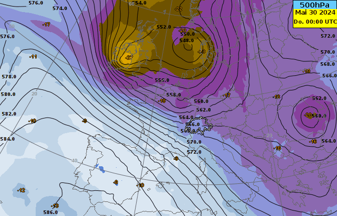Temperatur und Geopotential auf der 500 hPa Druckfläche. Verlagerung des Höhentiefs zwischen Donnerstag und Freitag. 