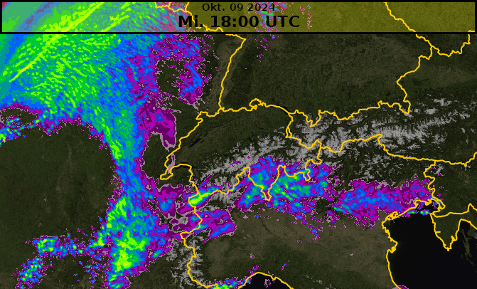 Animation der Reflektivität des Niederschlages (Radardarstellung) aus ICON-1E vom 9.10.2024, 18 UTC bis am 10.10.2024, 9 UTC.