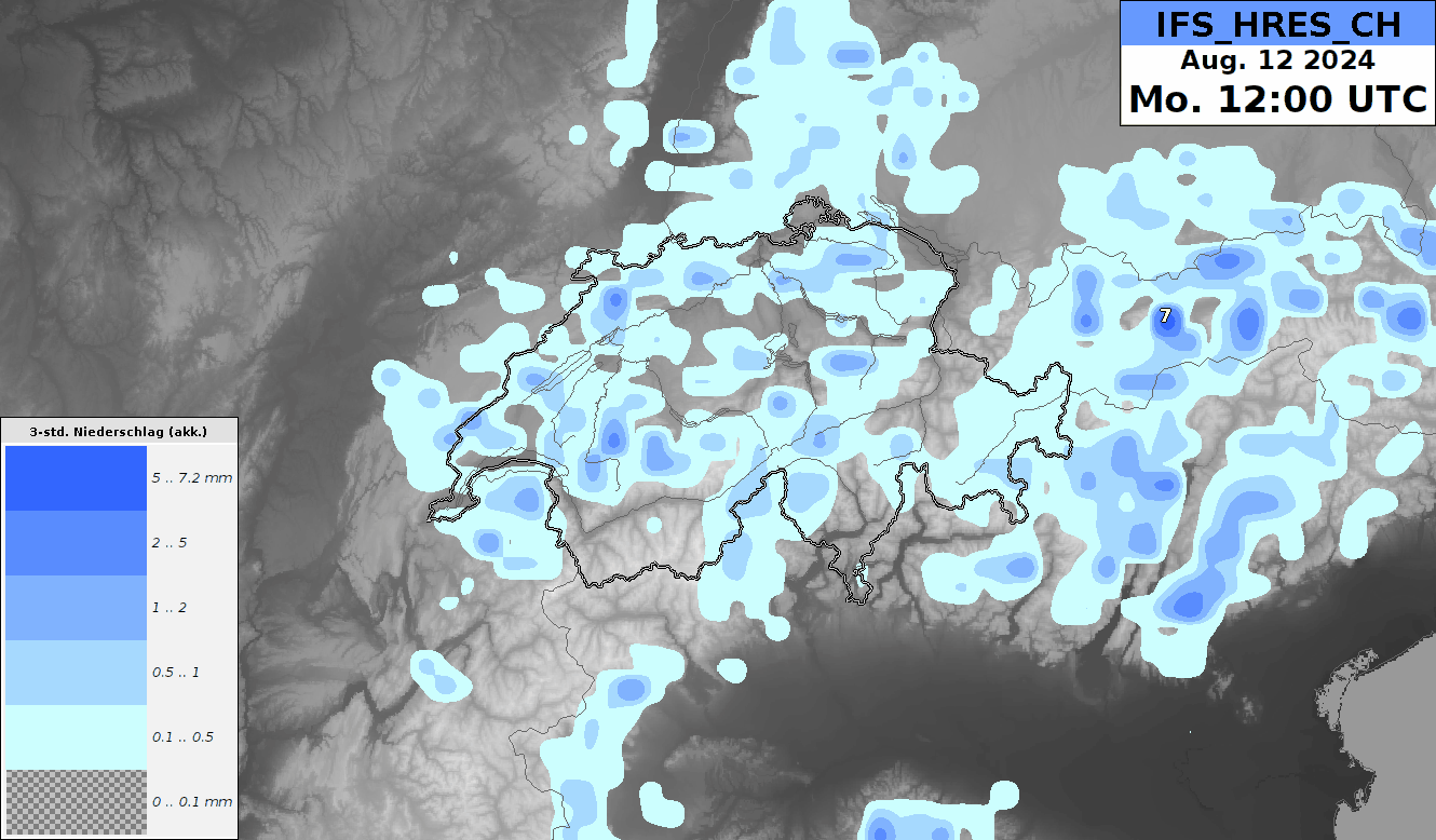 Niederschlagsprognose in 3h-Schritten von Montag 12:00 bis Dienstag 00:00 UTC des IFS-HRES-CH Modells. 06.00 UTC Lauf vom Sonntag, 11. August 2024.