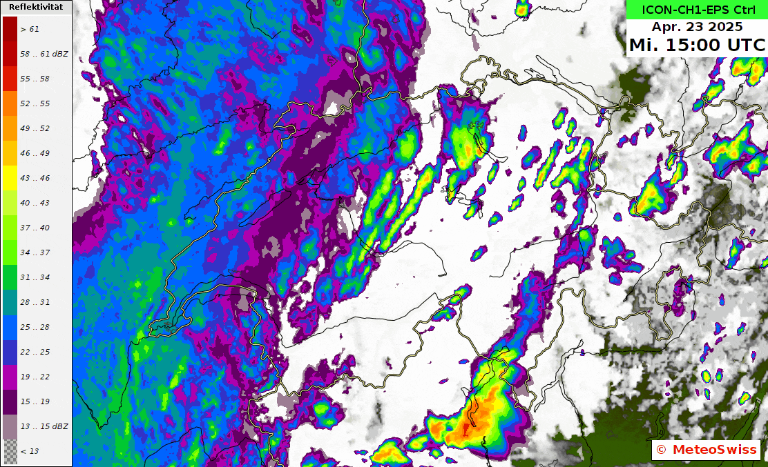 Abbildung 4: Wolken und Reflektivitäts-Loop vom ICON-CH1-EPS Ctrl Modell Mittwoch 15 UTC bis Donnerstag 01 UTC.