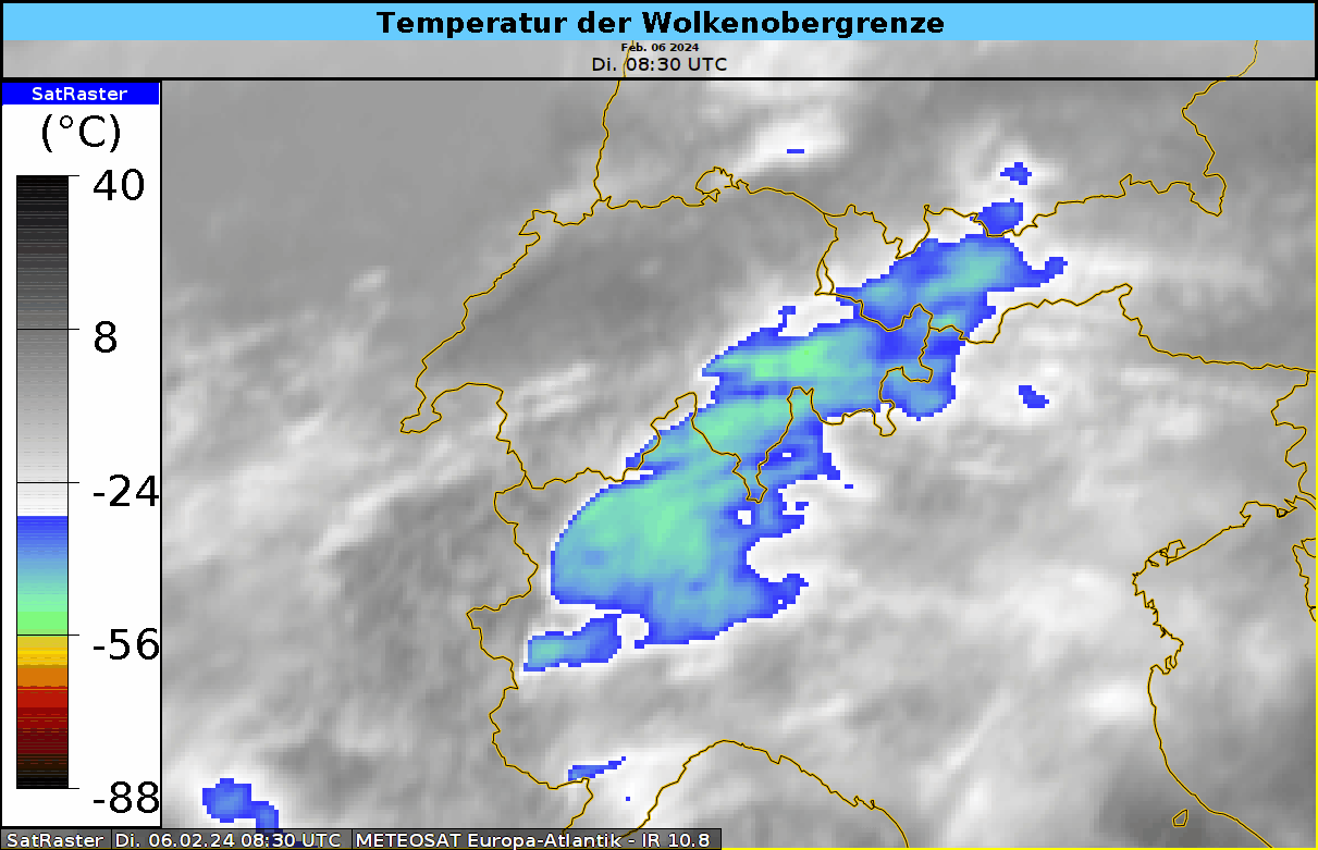 Satellitenfilm der ersten Tageshälfte, welcher die stationäre, ausgedehnte Bewölkung über dem Alpenbogen zeigt.