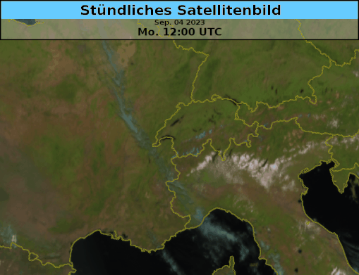 Stündliches Satellitenbild (HRV und RGB von METEOSAT) vom Alpenraum zwischen gestern 14 Uhr und heute 13 Uhr. Schön zu erkennen wie sich die tiefe Schichtbewölkung südlich der Alpen bildet und über die ganze Po-Ebene ausdehnt. 