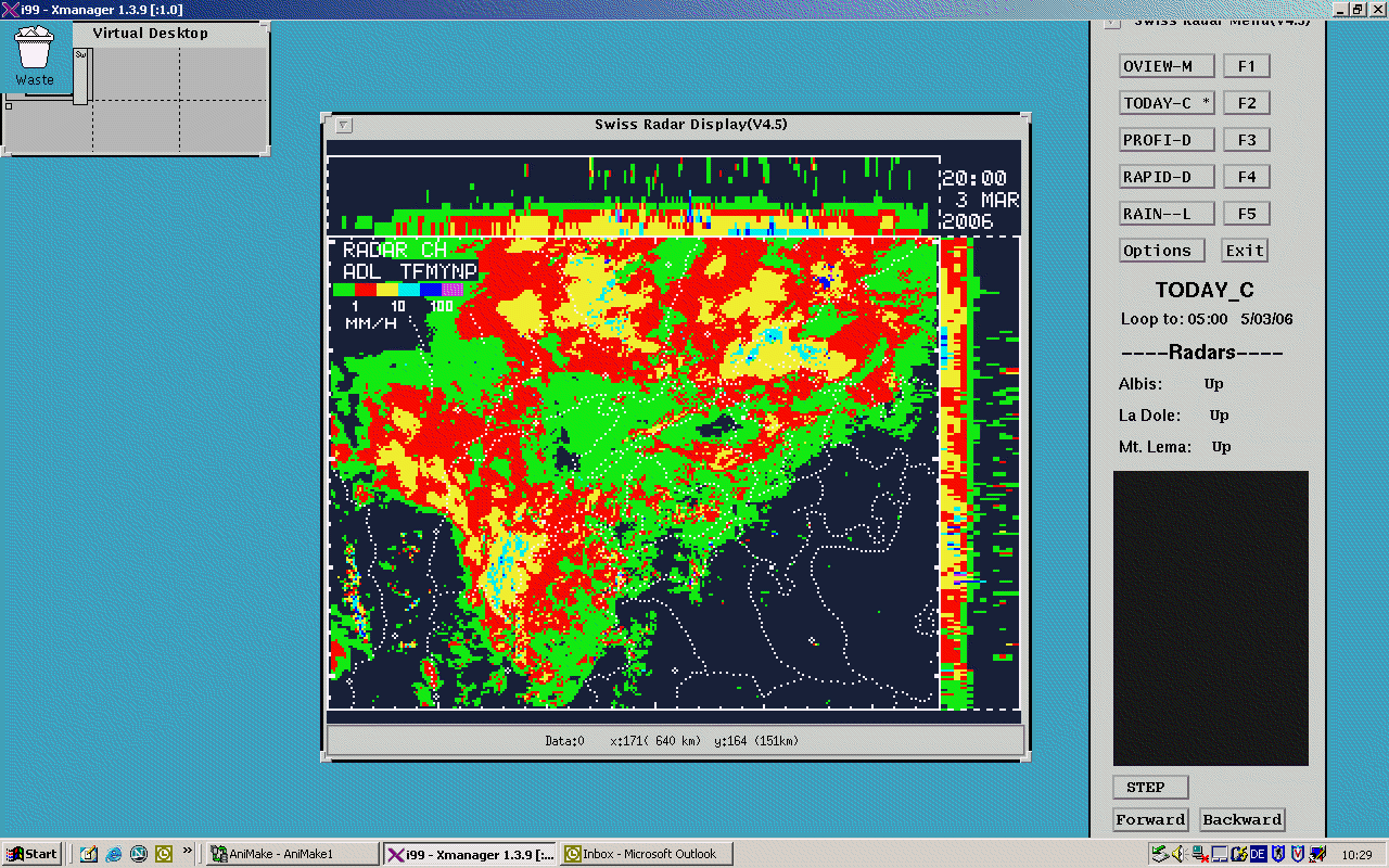 Animation des Wetterradarverbundes vom 03.03.2006, 20 UTC bis 05.03.2006, 5 UTC.