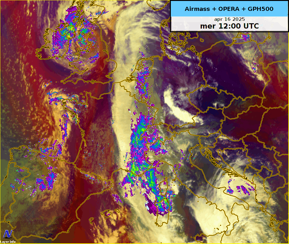 Abbildung 2: Satellitenbild (Airmass RGB) und Radarkomposit (Opera) und 500 hPa Geopotential vom 16.04.2025 12 UTC bis 17.04.2025 12 UTC. 