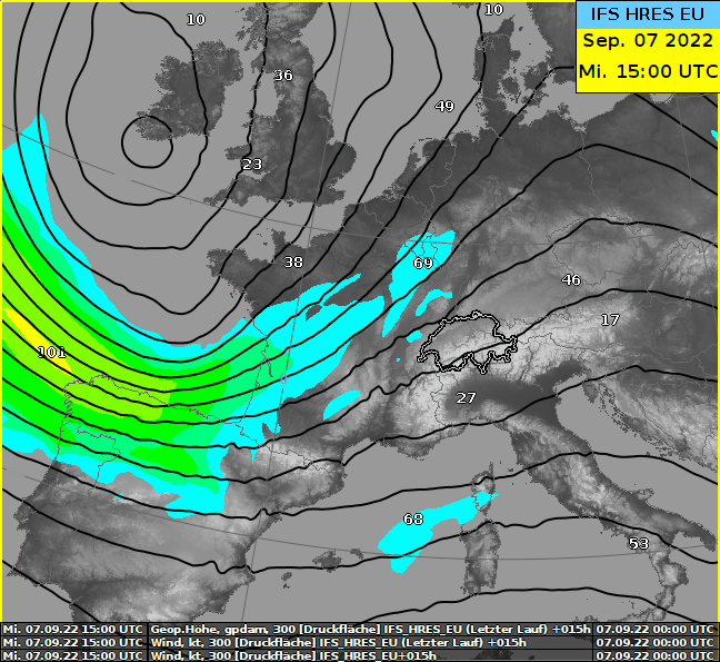 Animation des Geopotentials (schwarze Linien) und der Windgeschwindigkeit (farbige Flächen, in Knoten) in einer Höhe von knapp 10 km laut Modell des ECMWF. Zeitintervall von heute Abend bis morgen am frühen Nachmittag.