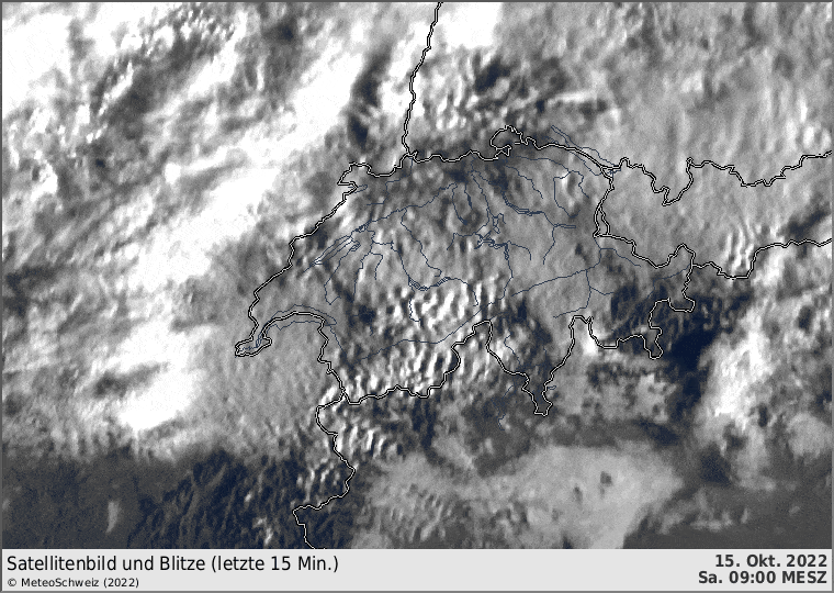 Animation Satellitenbild 10 bis 13 Uhr. Die Wellenströmung über den Alpen wird durch die Bewölkung schön sichtbar gemacht.