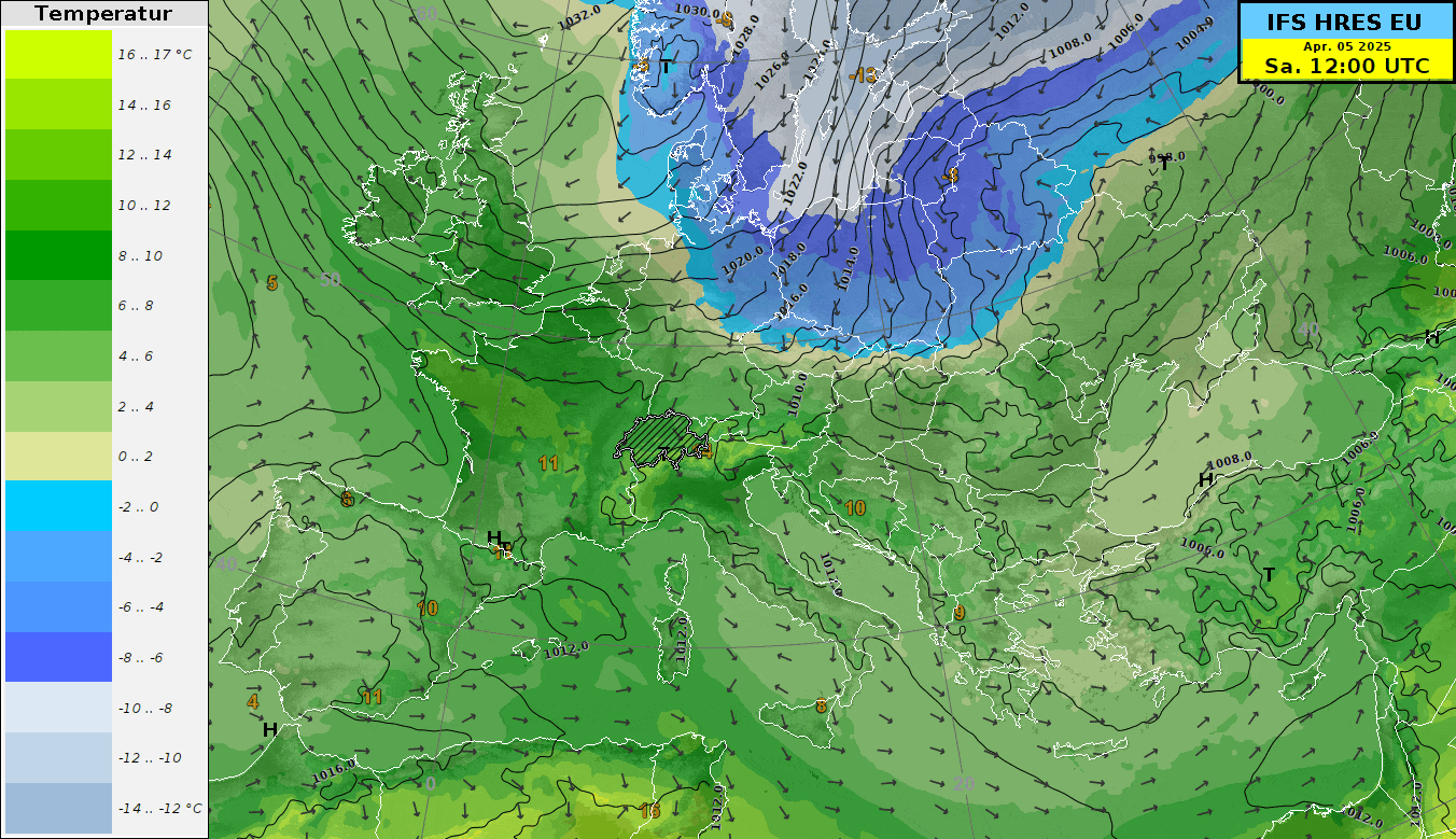 Vorhersage der Lufttemperatur auf 850 hPa (ca. 1500 m ü.M., farbige Flächen), des Windes auf derselben Höhe (Pfeile) und des Bodendrucks (schwarze Isobaren) zwischen Samstag 5. April und Dienstag 8. April. Die Alpen werden regelrecht von der Kaltluft umspült. Zeitlich verzögert stösst sie bis in den östlichen Mittelmeerraum vor.