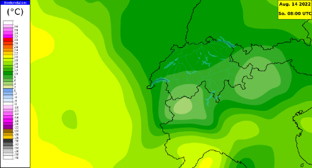 Taupunkt um 10 Uhr, von Messstationen abgeleitet. Über Frankreich lagen die Taupunkte zwischen rund 15°C und 20°C, über der Schweiz hingegen vielerorts zwischen 5°C und 10°C.