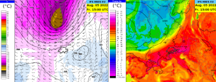 Wetterlage am Freitag, 5. August um 17 Uhr Lokalzeit. Links: Temperatur, Geopotential und Wind auf der 500 hPa Druckfläche. Rechts: Äquivalentpotentielle Temperatur auf 850 hPa und Luftdruck auf Meereshöhe.