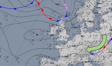 Ausschnitt der Bodenanalyse des Deutschen Wetterdienstes um Mitternacht.