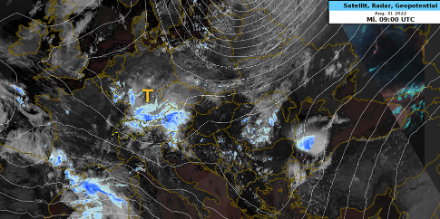 Radar- und Satellitenbild, Höhe Geopotential [dm] auf 500 hPa um 11 Uhr. Das Höhentief über Mitteleuropa führte vor allem noch in den östlichen Landesteilen zu Niederschlägen.