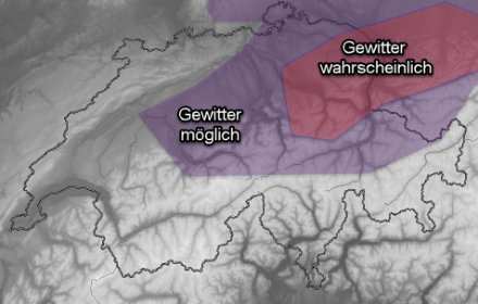 Die Karte zeigt die Gebiete, in denen heute Abend am ehesten Schauer oder Gewitter zu erwarten sind.