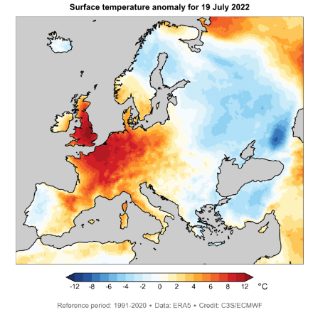 Europakarten zur täglichen Temperatur in Juli 2022.