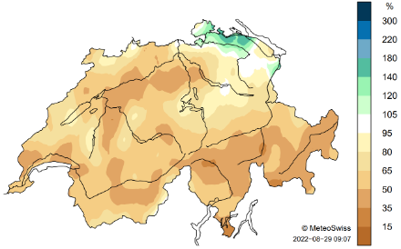 Karte zum Niederschlag in der Schweiz im August 2022.