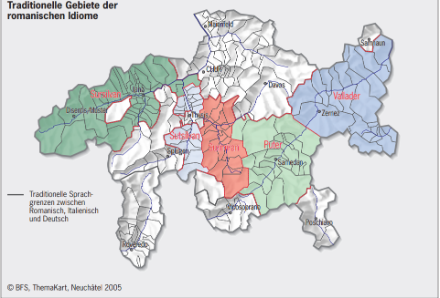 Übersichtskarte zu der traditionellen, geographischen Verbreitung der Idiome. Da der Blogschreiberling als «Beverot» seine Romanisch-Kenntnisse im Oberengadin erlernt hat, erscheint der morgige Blog in «Puter».