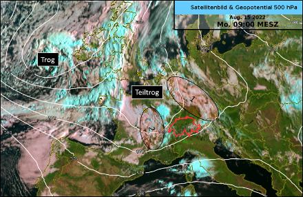 Satellitenbild und Druckverteilung in der Höhe (Geopotential auf 500 hPa). Ellipsen deuten die Position der zwei Störungszonen an. Der Haupttrog, welcher uns besonders am Donnerstag beschäftigen wird, liegt aktuell noch über dem nahen Atlantik.