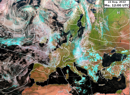 Satellitenbild und Bodendruck am Montag, 22. August um 14 Uhr MESZ.